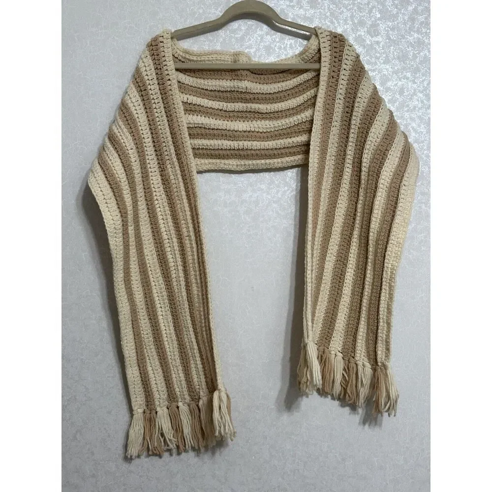 Handmade Crochet Striped‎ Scarf Shawl With Fringe Tan & Cream 10